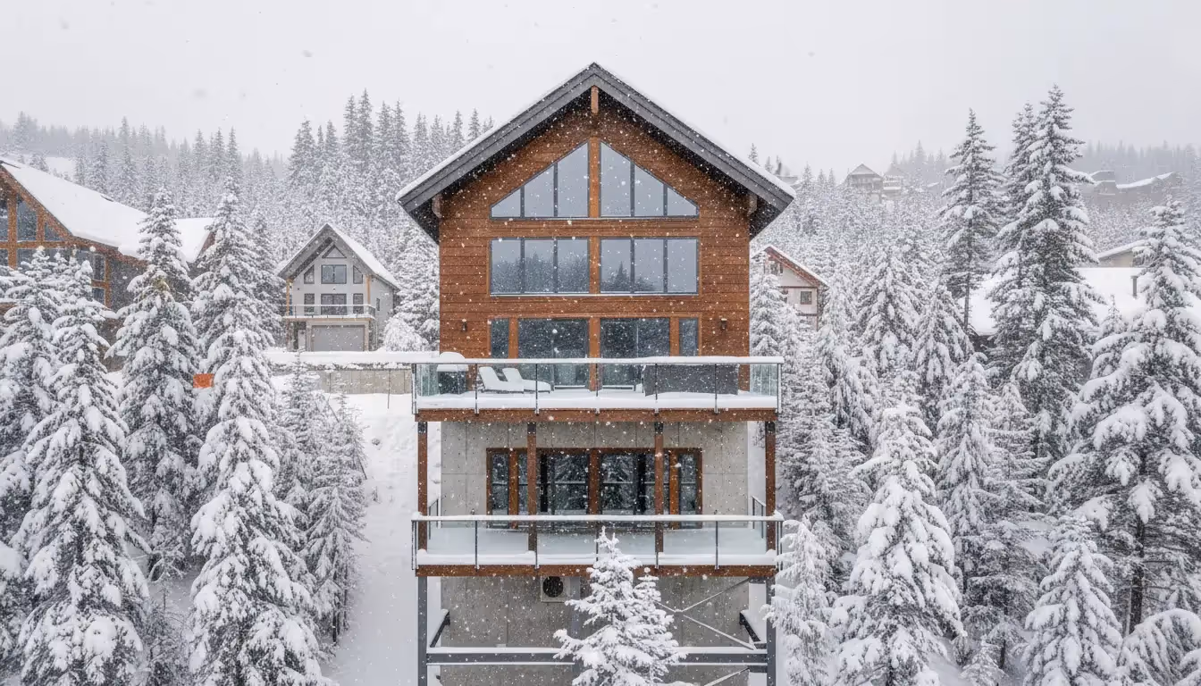 Fjellheim Scandinavian log home exterior at Mount Washington with Finnish cross-laminated log kit and west coast mountain setting