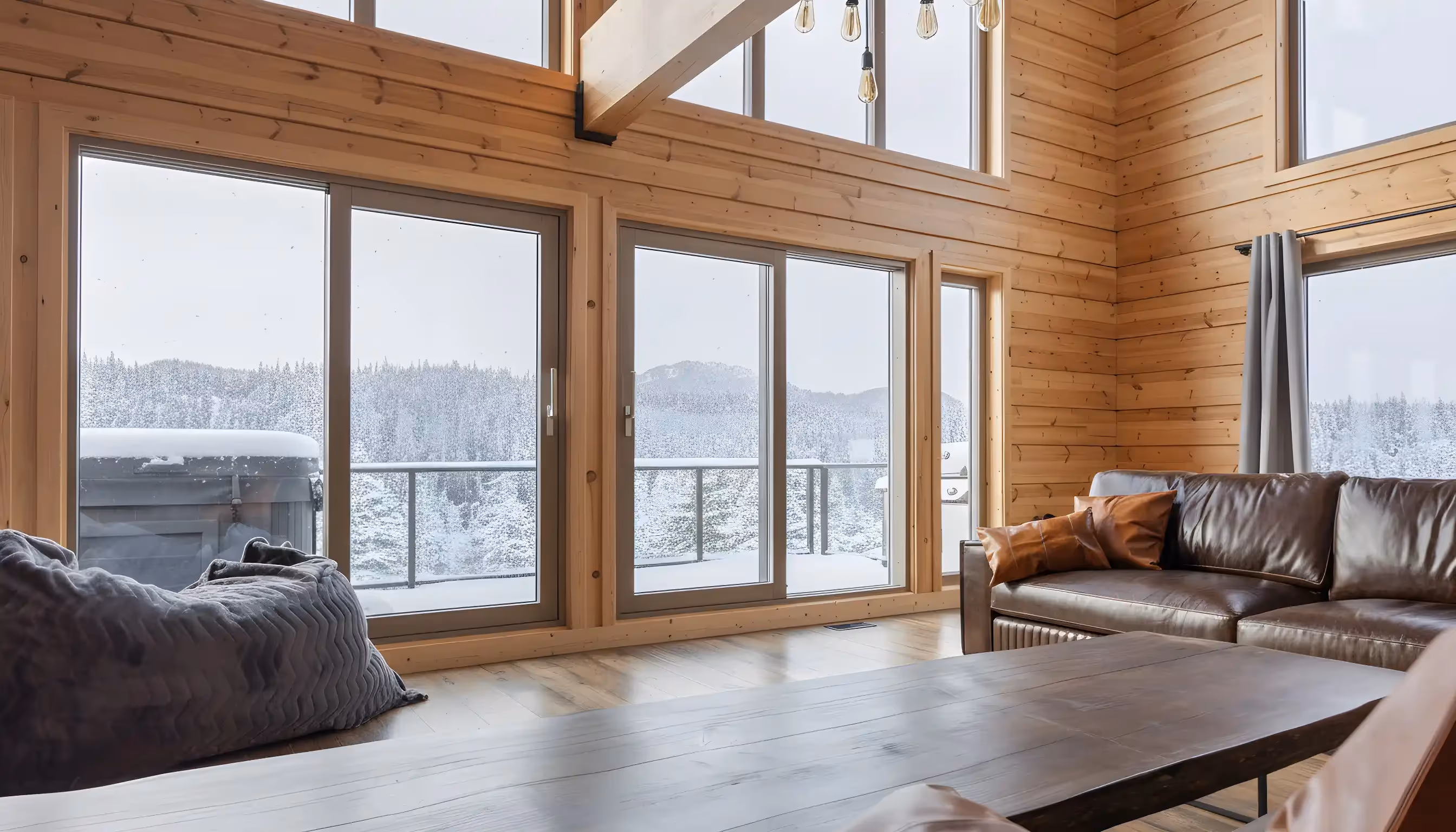 Exterior finish and material detail of Fjellheim log home showing Finnish cross-laminated log craftsmanship