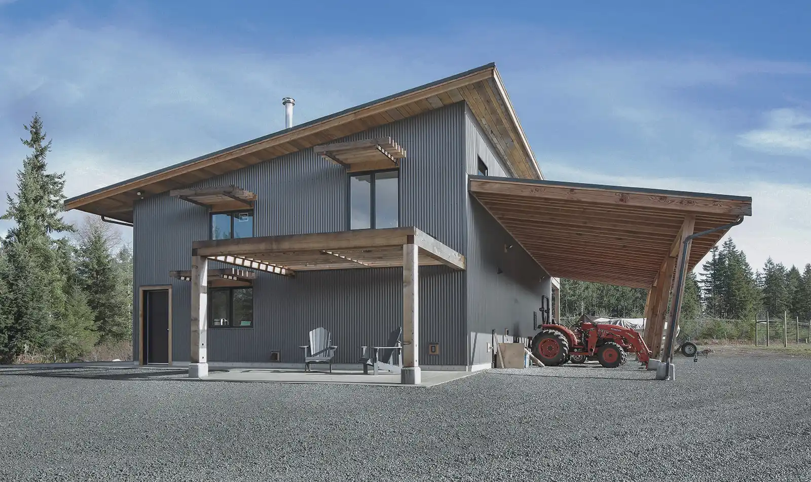 Asgard Farm exterior in Black Creek BC with high-performance workshop, corten steel, and contemporary agrarian design