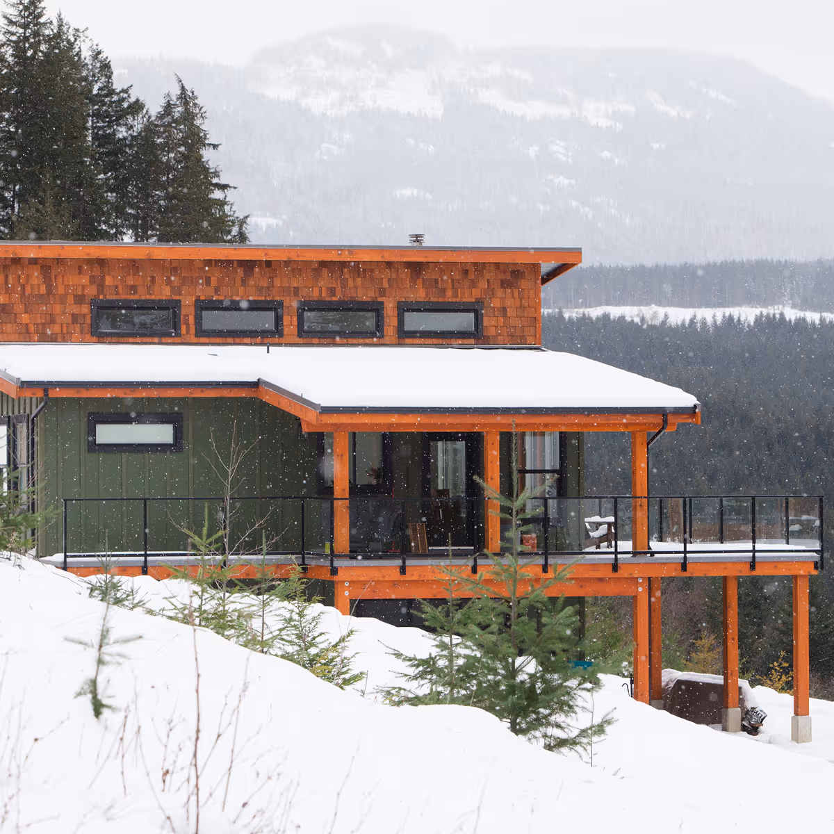 The Edge custom home exterior at Forbidden Plateau with green siding and expansive windows framing mountain forest views
