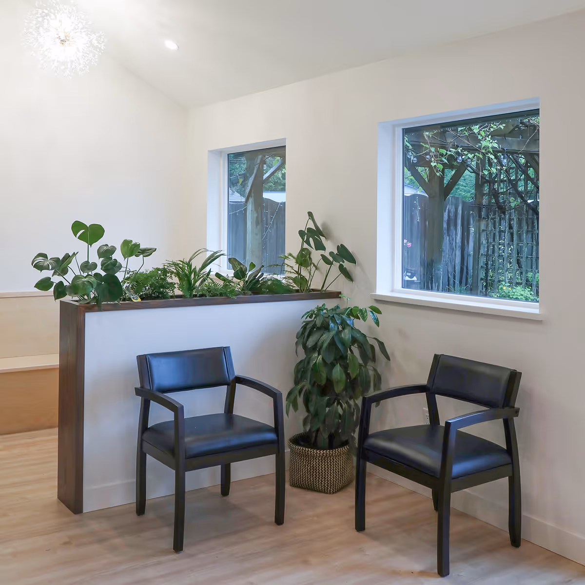 Entrance of Westward Medical Clinic with seating area, potted plants, and calming biophilic design