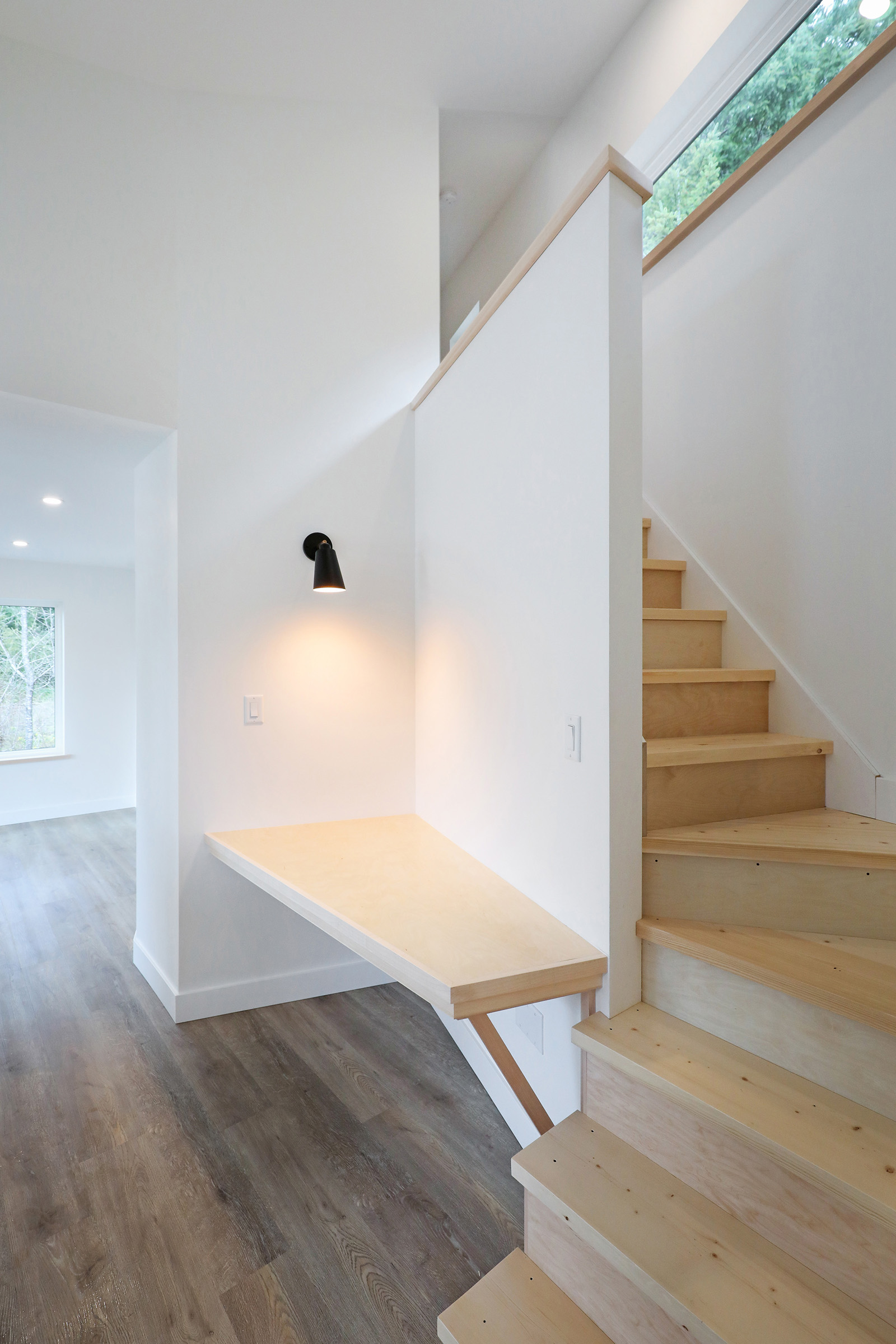 View of stairs and built in desk at the Perch