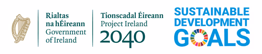 Government of Ireland harp emblem, text reading Government of Ireland Project Ireland 2040, and Sustainable Development Goals logo with a colorful circular icon.