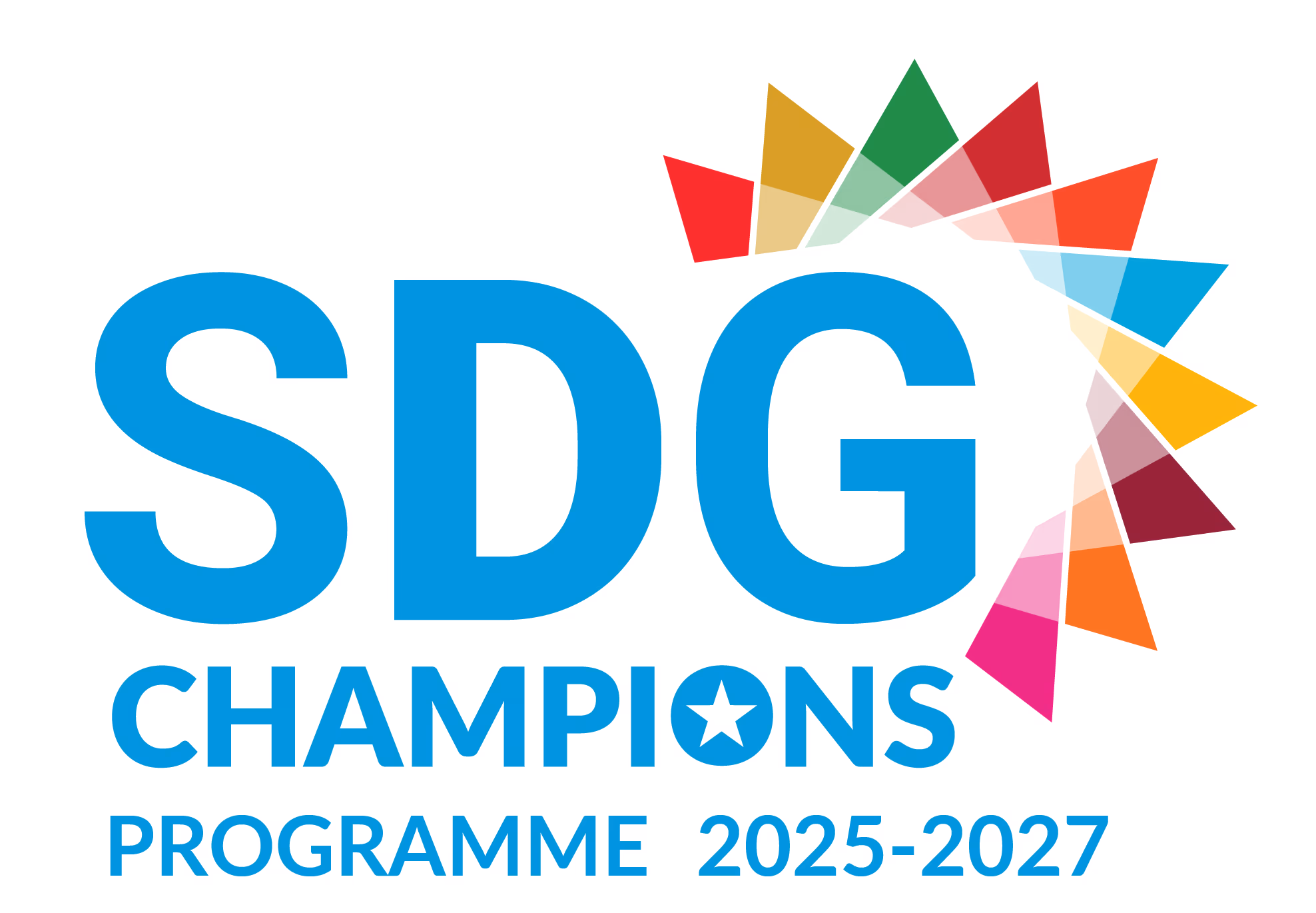 Logo of SDG Champions Programme 2025-2027 with colorful triangular shapes forming a circular pattern.