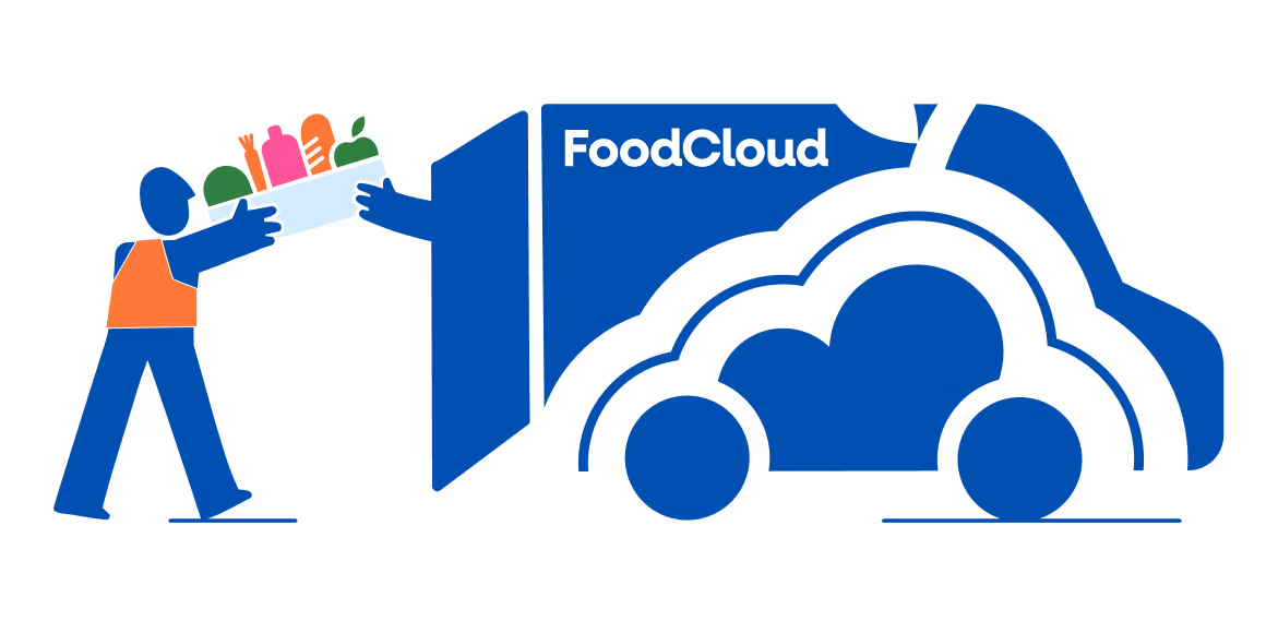 Illustration of a person handing a box of groceries to a delivery truck labeled FoodCloud.