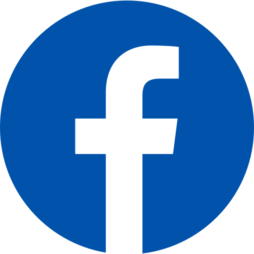 Facebook logo with a black lowercase 'f' on a blue circular background.