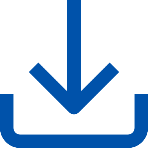 Blue download arrow pointing downward into a tray.