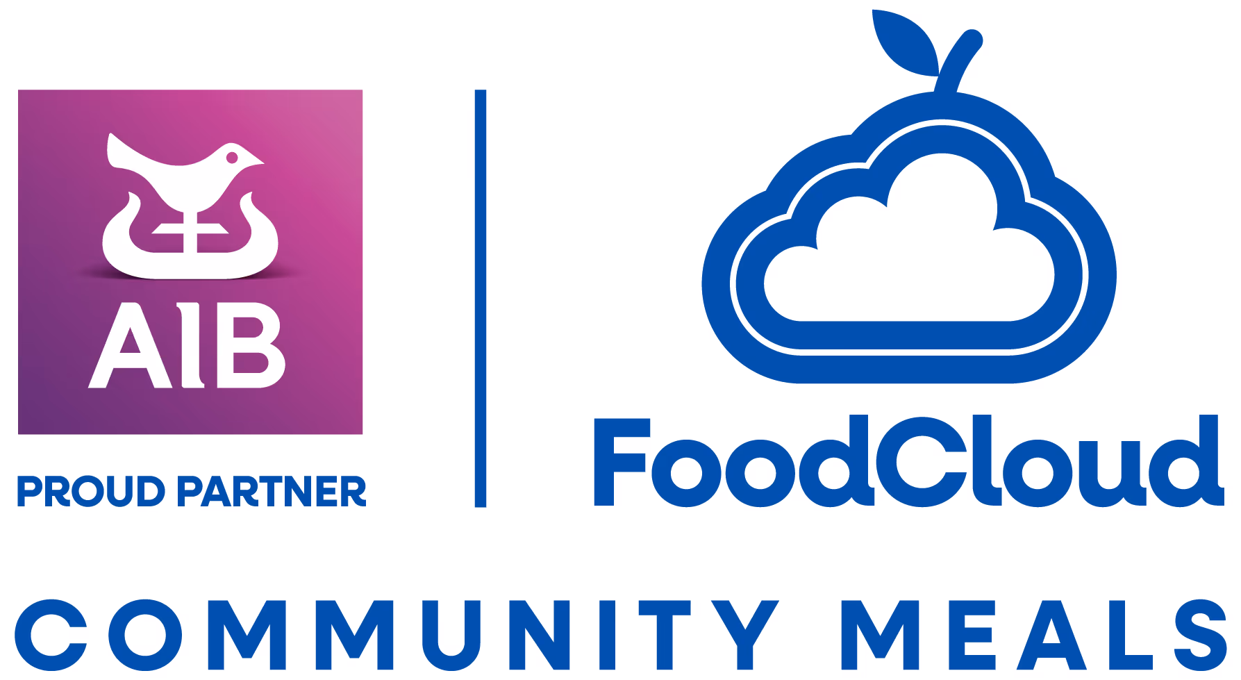 AIB logo with the text Proud Partner next to FoodCloud logo and the words Community Meals below.