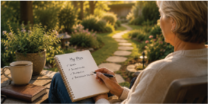 a woman writing her future goals in her backyard garden