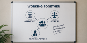 a whiteboard showing accountant, attorney and financial advisor working together as a whole