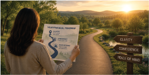 a woman holding a roadmap pointing to clarity, confidence and peace of mind