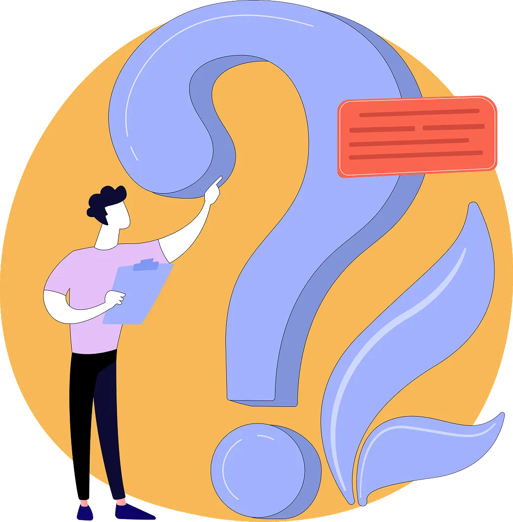 Illustration of a person holding a clipboard and pointing at a large question mark with a speech bubble nearby.