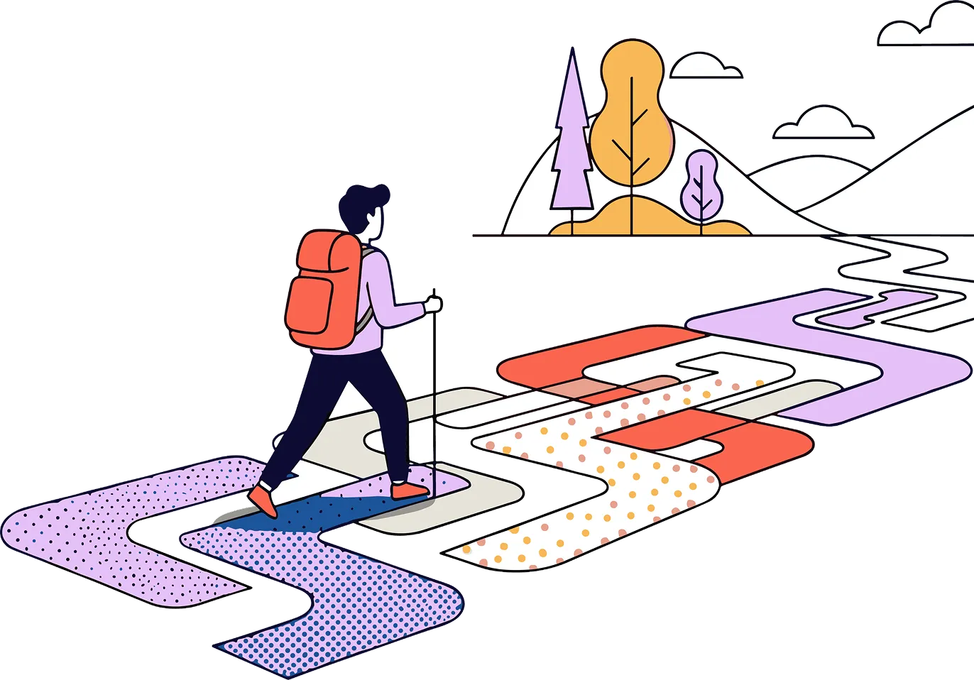 Illustration of a hiker with a red backpack walking on a colorful winding path toward hills and trees under a partly cloudy sky.