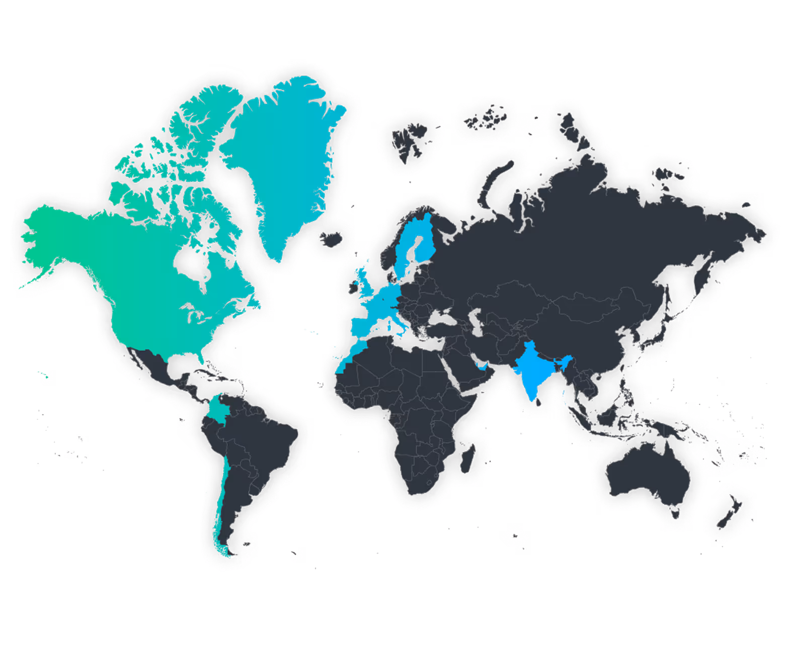 World map highlighting countries in North America, parts of Europe, and India in teal and blue.
