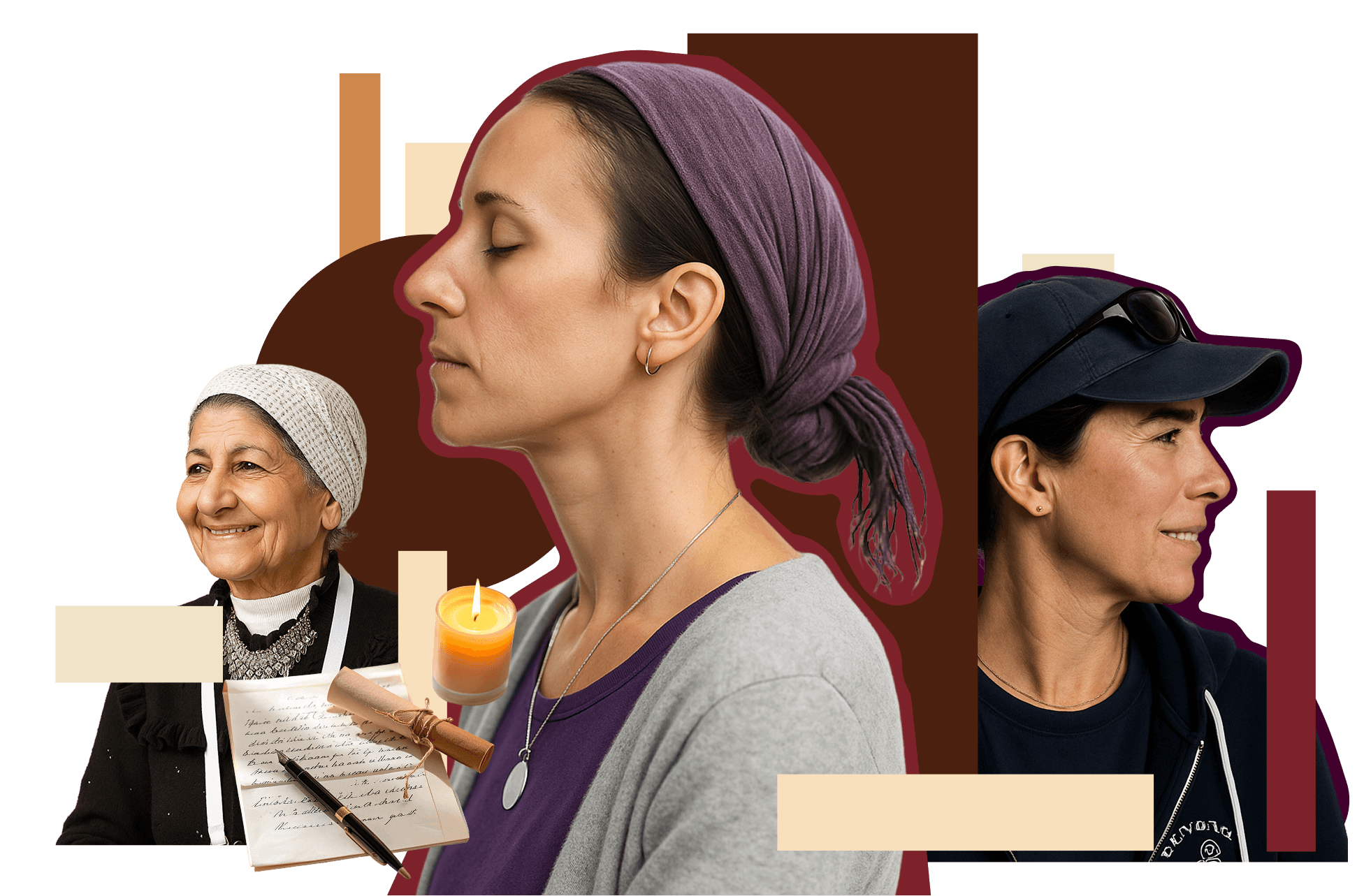Profile of three women with a notebook, pen, scroll, and lit candle in front of geometric shapes.