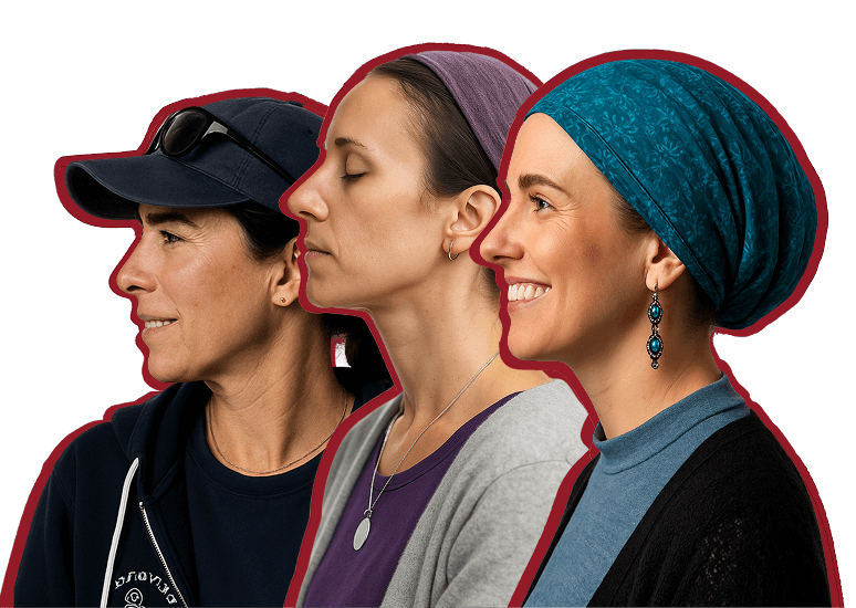 Profile view of three women in a row: one in a cap and sunglasses, one with closed eyes, one smiling with a blue headscarf.
