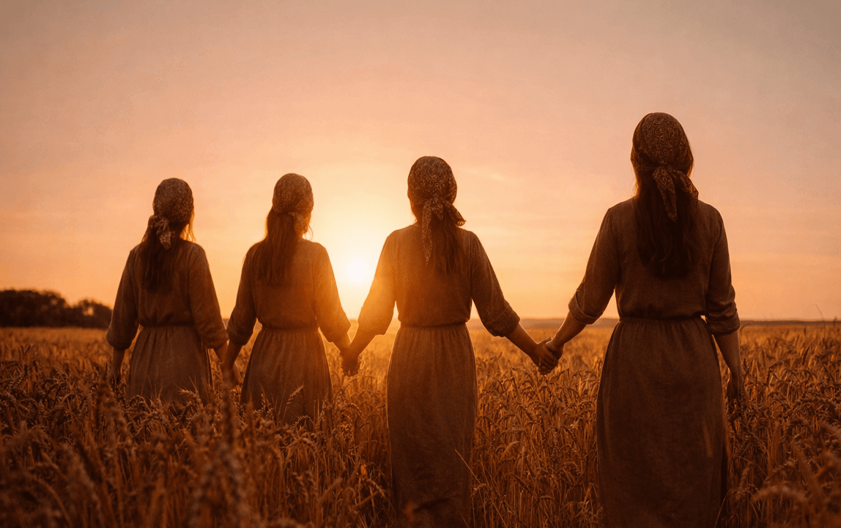 Four women in headscarves and dresses holding hands in a wheat field at sunset.