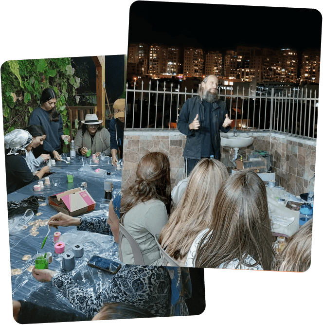 Two photos: people crafting at a table outdoors and a man speaking to an audience on a rooftop at night.
