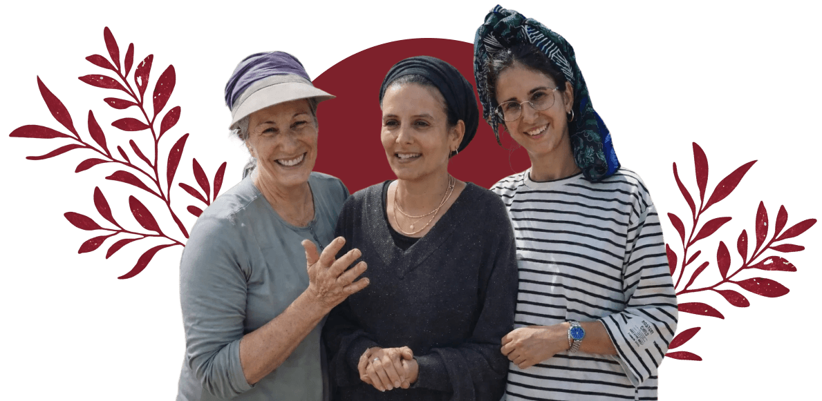 Three smiling women wearing head coverings stand together against decorative red foliage and circle background.