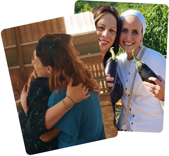 Two women smiling and holding eggplants in a garden; another photo overlapped shows two women hugging warmly.