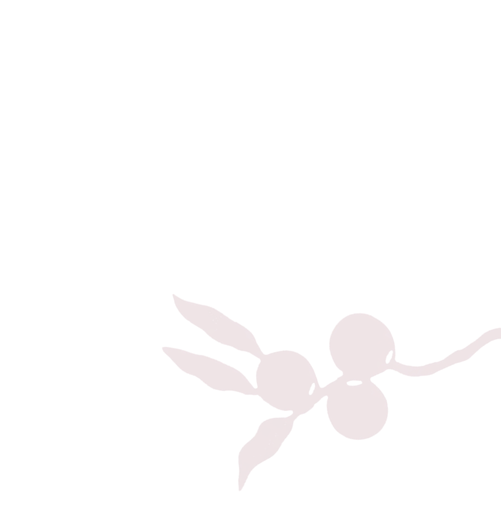 Minimalist dark red illustration of three connected round berries with elongated leaves on black background.