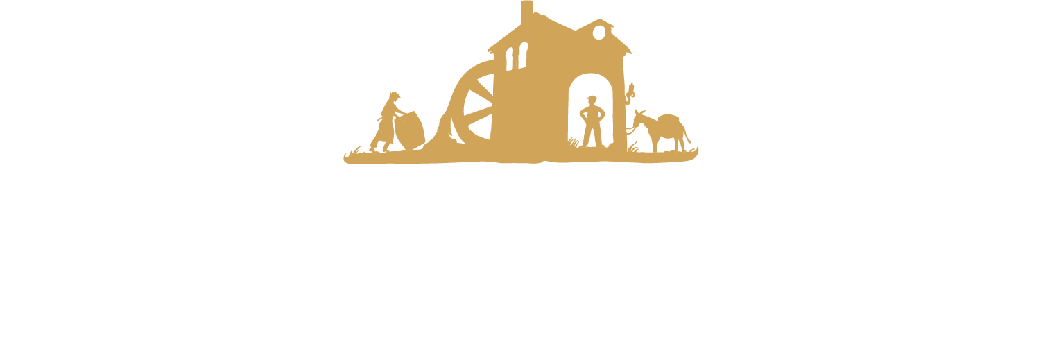 Logo du Château Moulin de Lagnel avec une illustration dorée d'un moulin à eau et deux personnes à côté d'un âne.