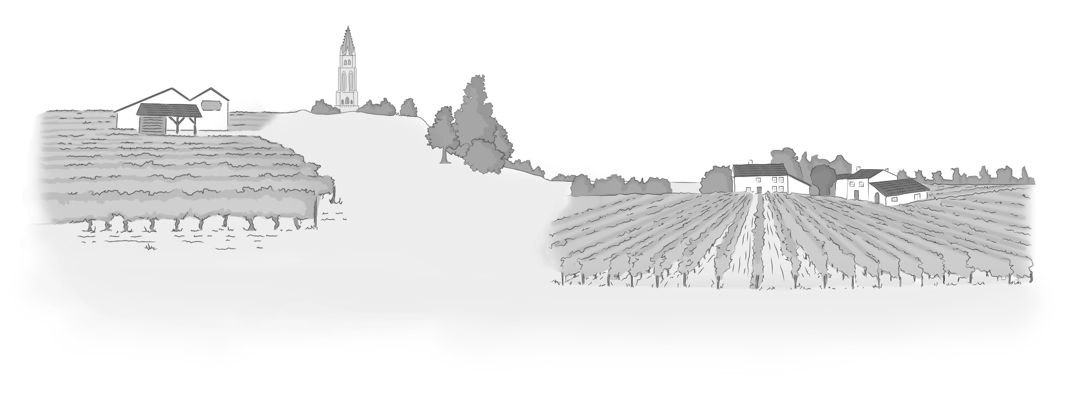 Illustration of a hillside village with houses, trees, vineyards, and a church tower in the center.