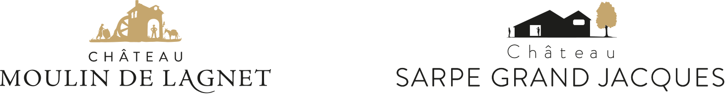 Logos des châteaux Moulin de Lagnet et Sarpe Grand Jacques avec illustrations de bâtiments et arbres.