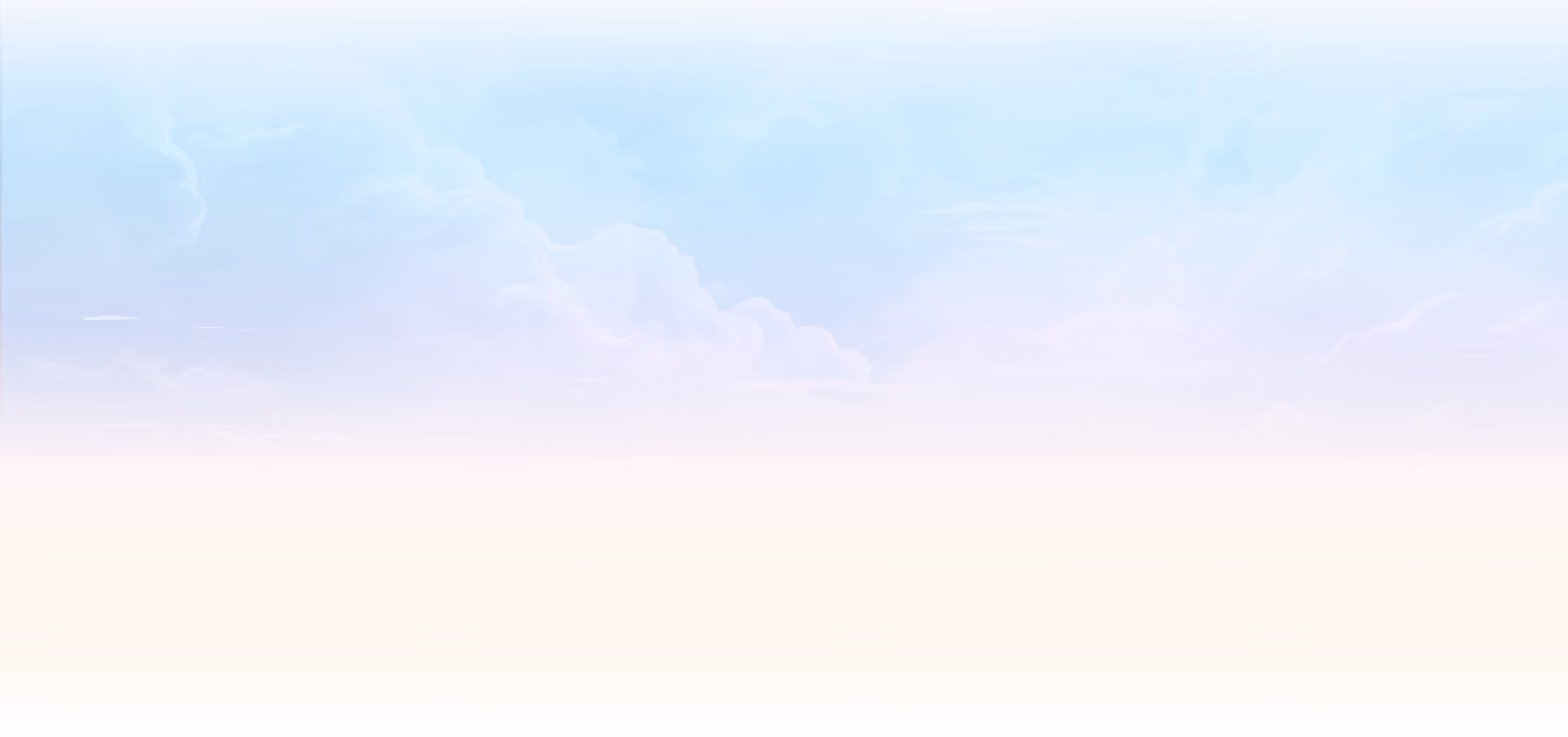 Soft gradient sky background with light blue and pastel peach tones and wispy clouds.