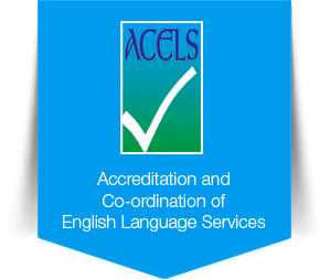 ACELS logo with the text Accreditation and Co-ordination of English Language Services.