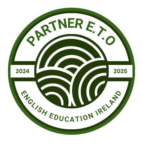 Rundes Logo mit dem Text Partner E.T.O, English Education Ireland und den Jahren 2024 und 2025.