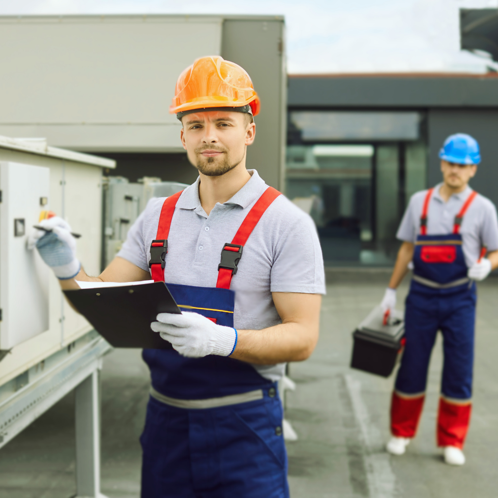 Two male technicians in safety gear inspecting electrical equipment outdoors, one holding a clipboard and the other carrying a toolbox.
