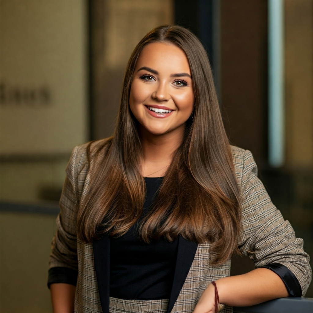 Smiling young woman with long brown hair wearing a plaid blazer and black top leaning on a surface indoors.