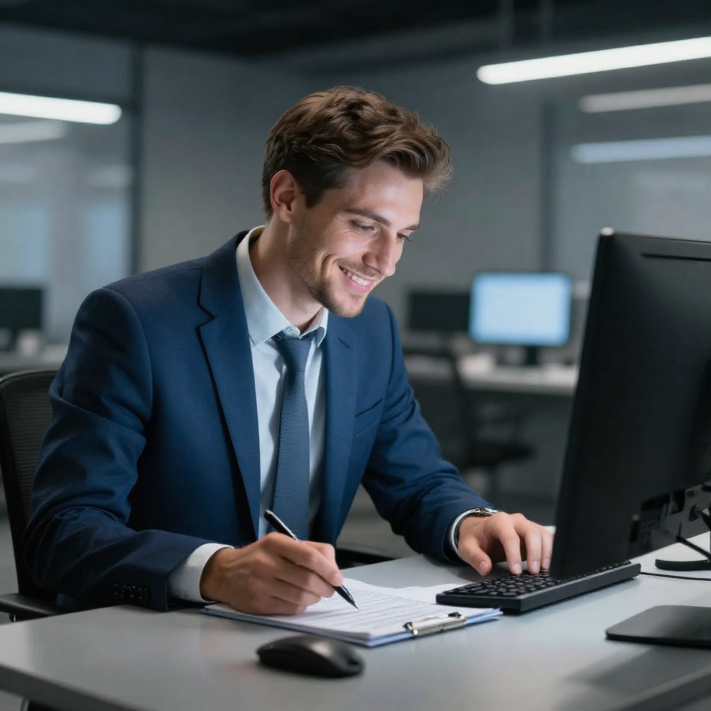Smiling businessman in a blue suit working at a computer and writing on a clipboard in an office.