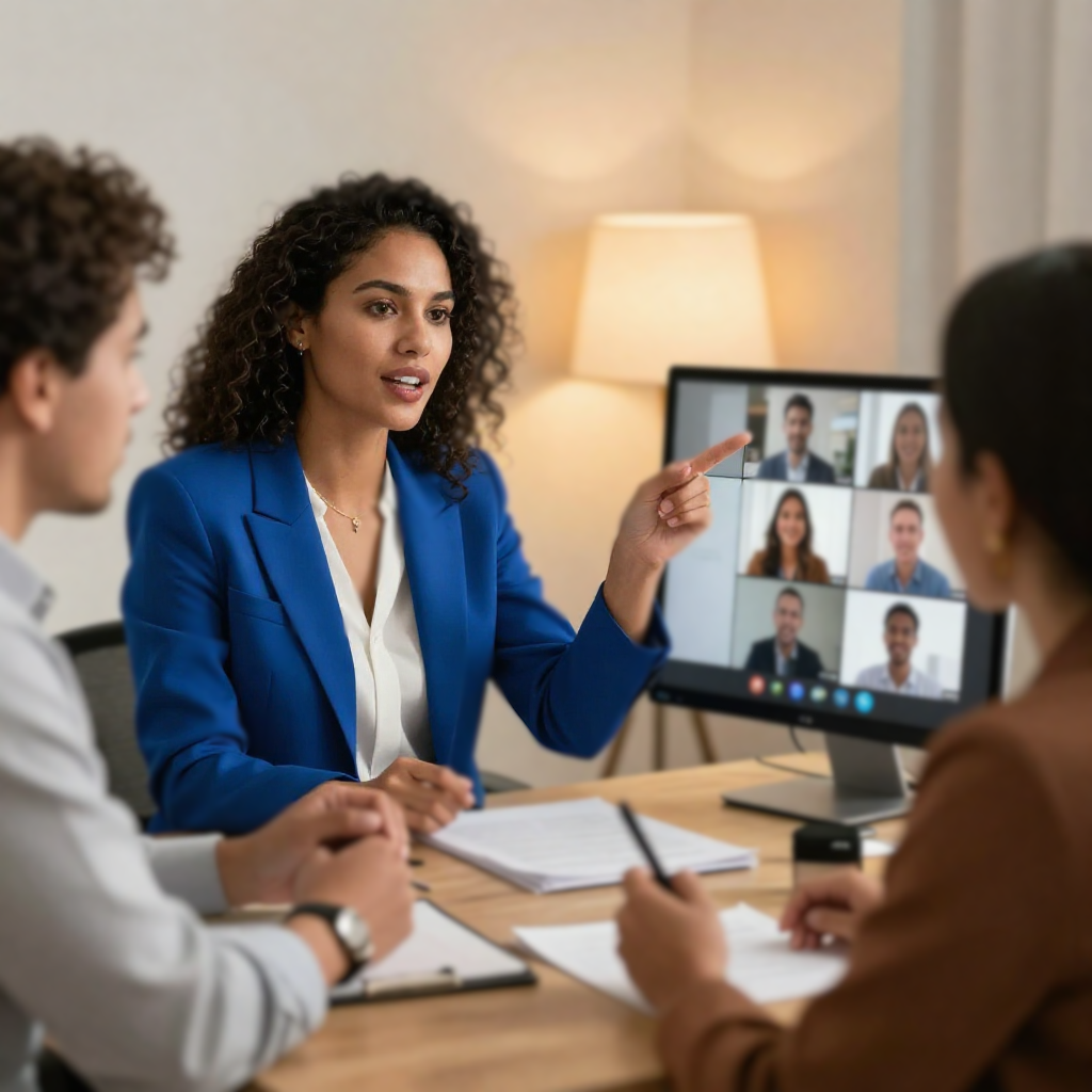 Businesswoman in a blue blazer leading a meeting with two colleagues while a video conference with six participants is displayed on a monitor in the background.