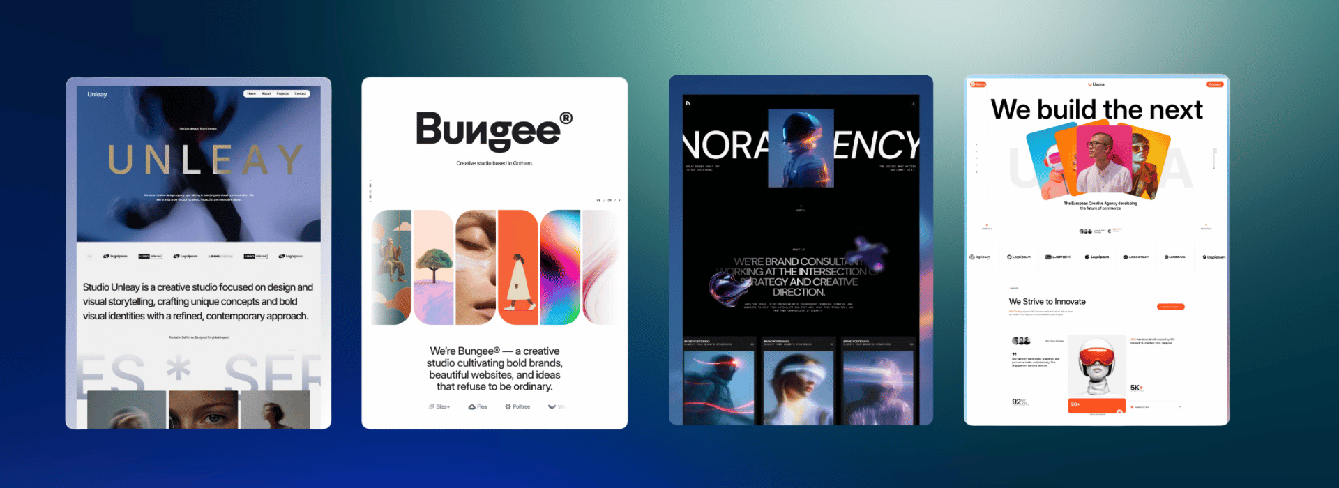 Four creative studio website designs displayed side by side, highlighting branding, unique visuals, and innovative concepts.
