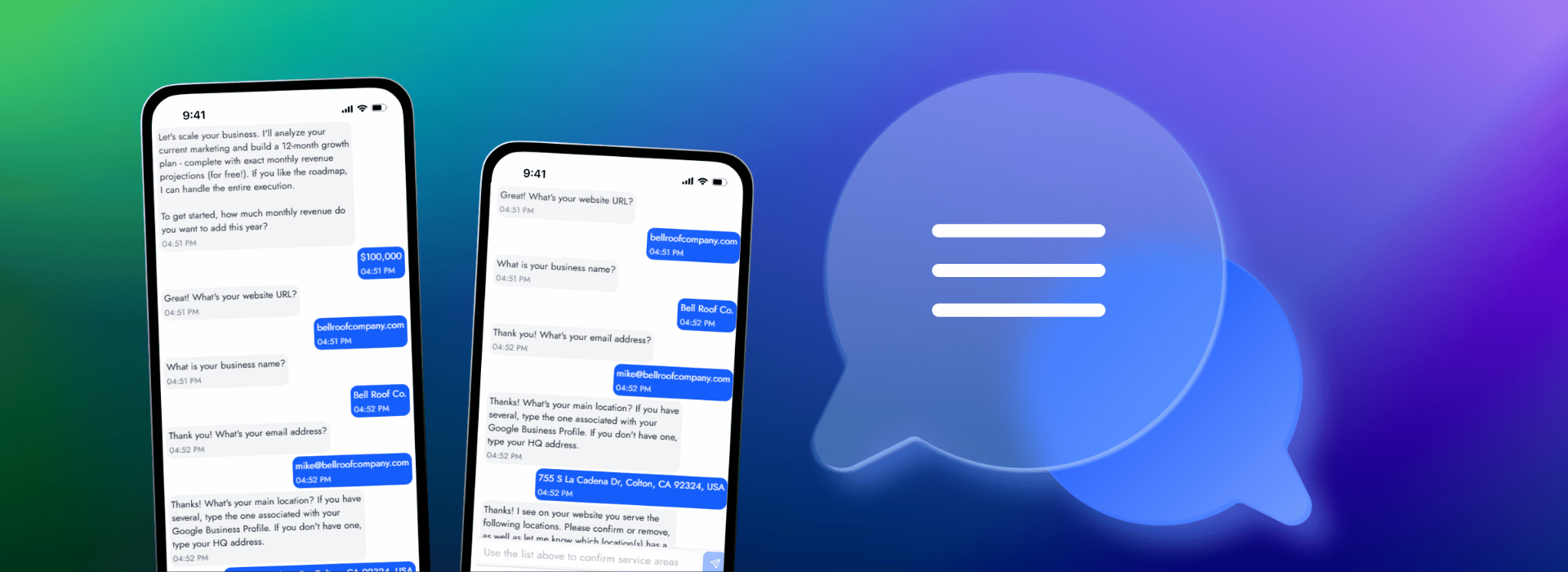 Two smartphones displaying a business growth chat conversation on the left and blue chat bubbles icon on a purple and green gradient background on the right.