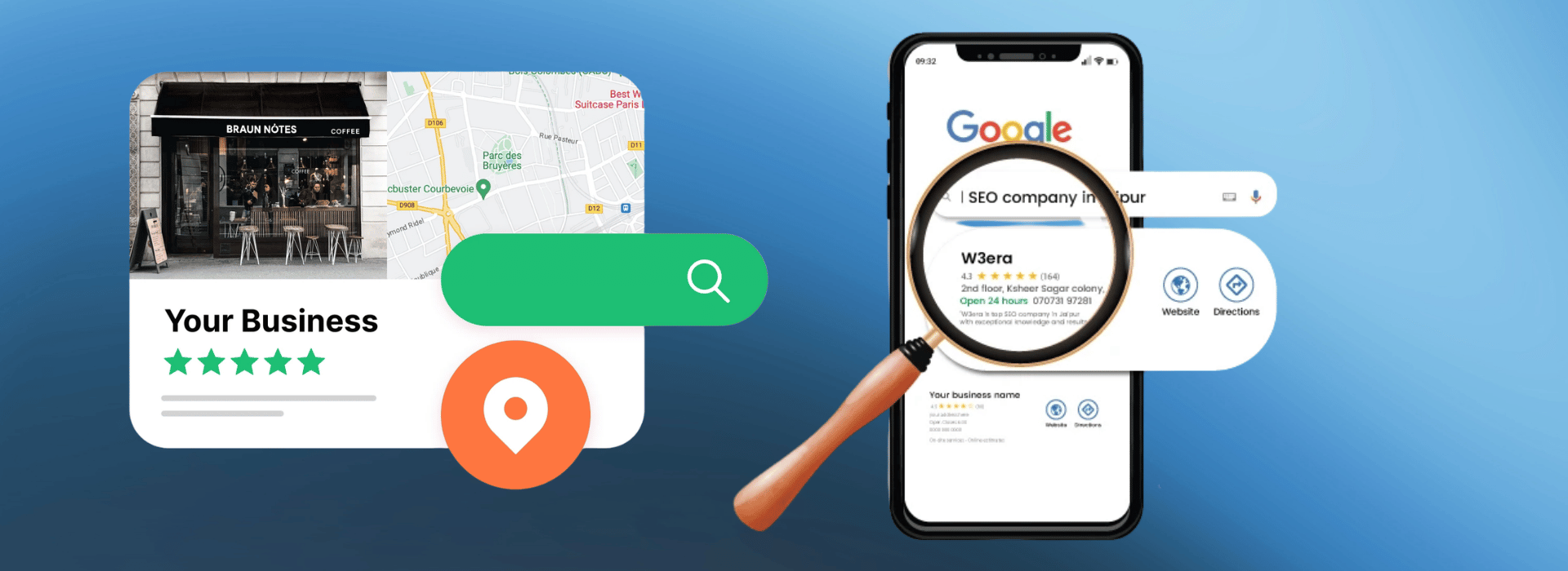 Illustration showing online business search with a storefront image, map, search icons, and a mobile phone screen with a magnifying glass highlighting a local SEO company listing on Google.