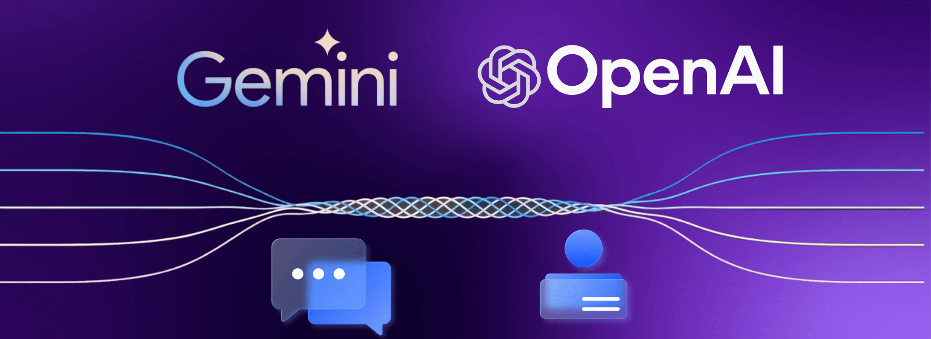 Gemini and OpenAI logos with intertwined lines between them over a purple background, accompanied by chat and user icons below.