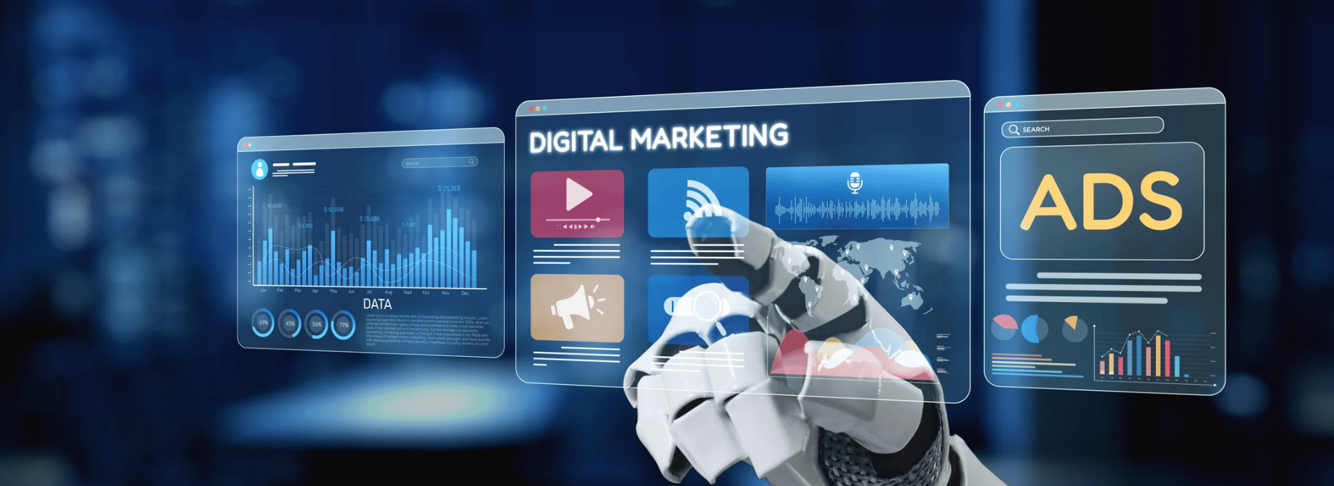 Robotic hand interacting with digital marketing data and ads interface displaying charts, graphs, and multimedia icons.