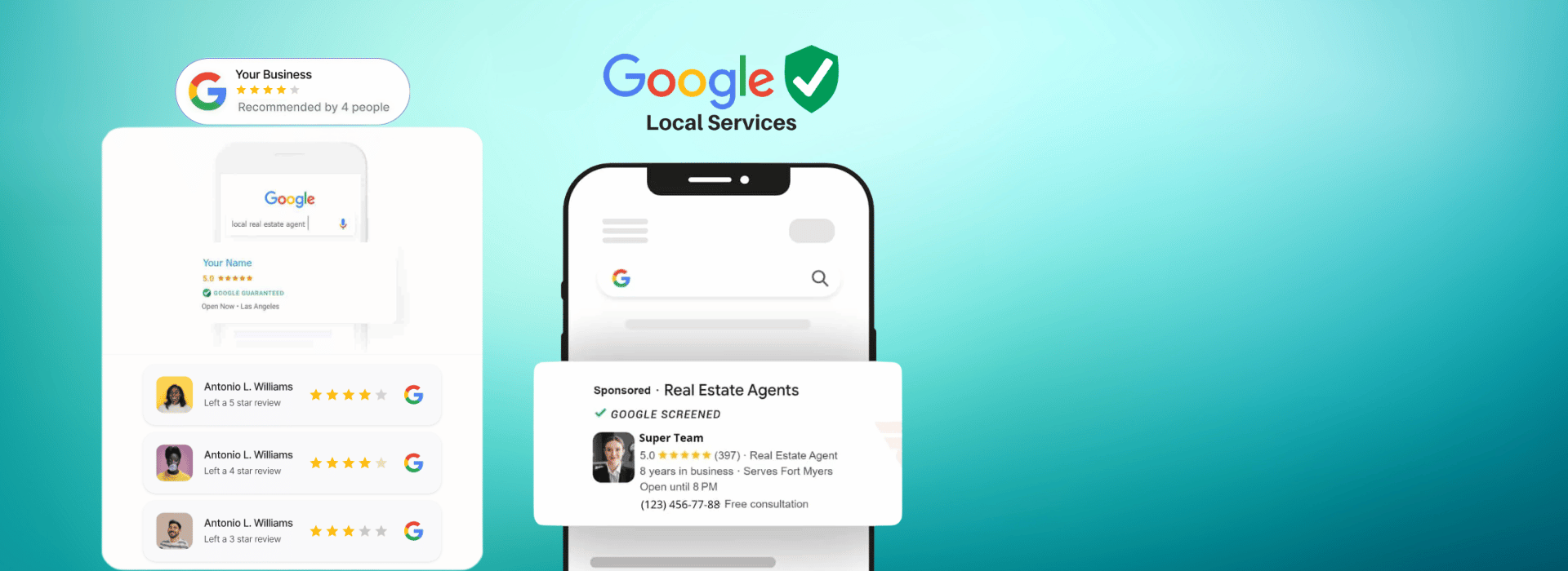 Google Local Services ad example showing a smartphone with sponsored real estate agent listings and user star ratings.