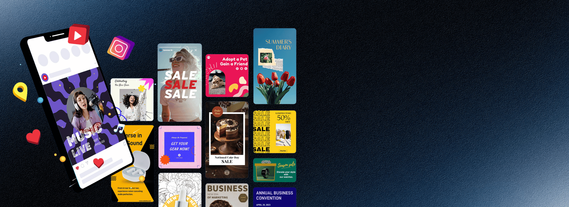 Collage of social media promotional graphics including a music live stream on a smartphone, sale announcements, pet adoption, cake day sale, and business events on a dark blue textured background.