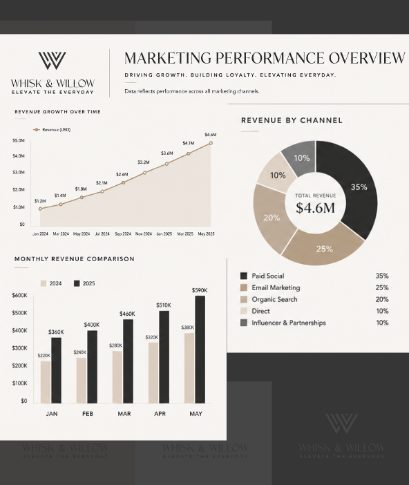Marketing overview showing revenue growth to $4.6M by May 2025, monthly comparisons, and revenue by channel.