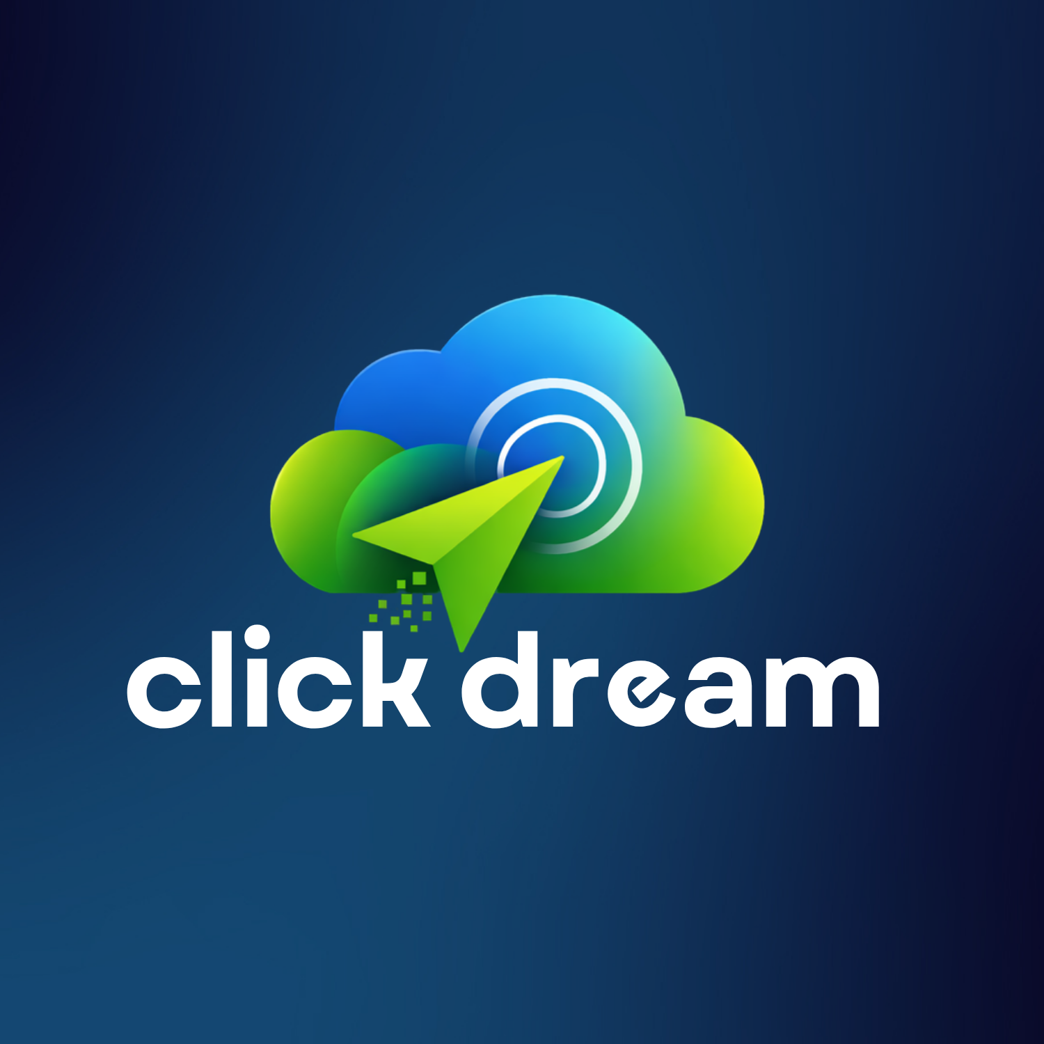 Blue and green cloud with a green paper airplane pointing to a target, text says click dream.