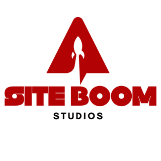 Red rocket icon inside a triangle above the bold red text 'SITE BOOM' and smaller black text 'STUDIOS'.