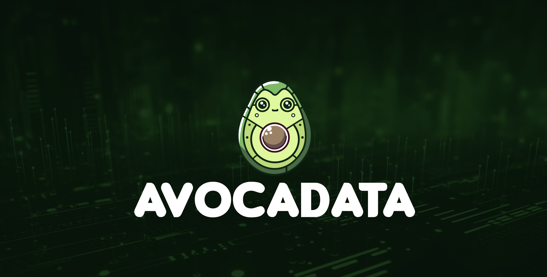 Logo showing a cute cartoon avocado above the word Avocadata on a dark green tech background.