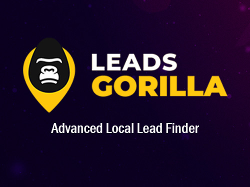 Leads Gorilla logo with a gorilla face inside a yellow map pin and text advanced local lead finder.