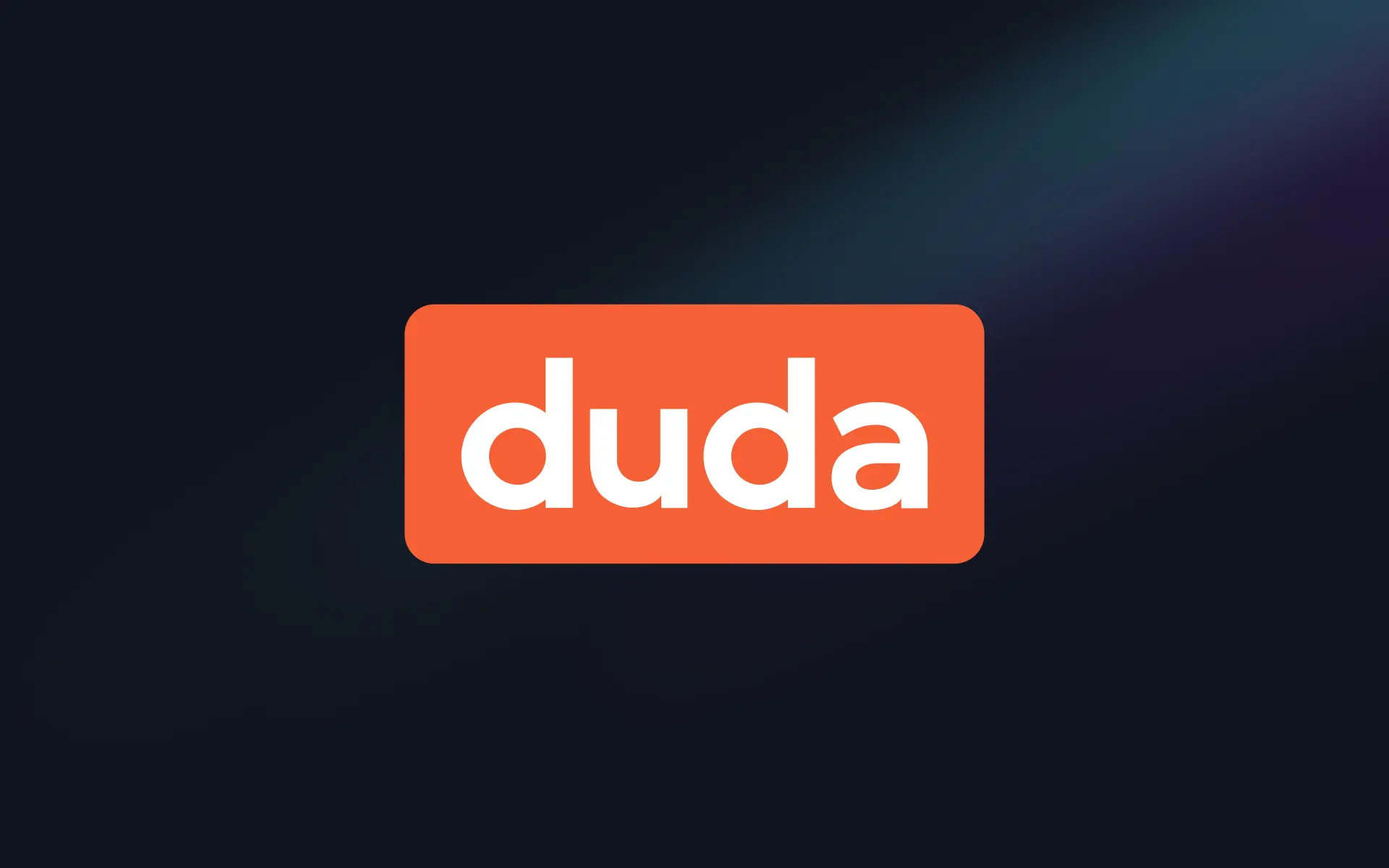 Duda brand name in white lowercase letters inside an orange rounded rectangle on dark background.