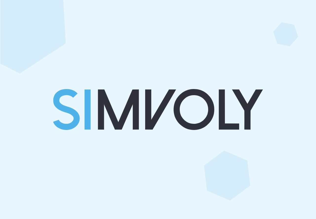 Simvoly logo text with blue and black letters on a light blue background with hexagon shapes.