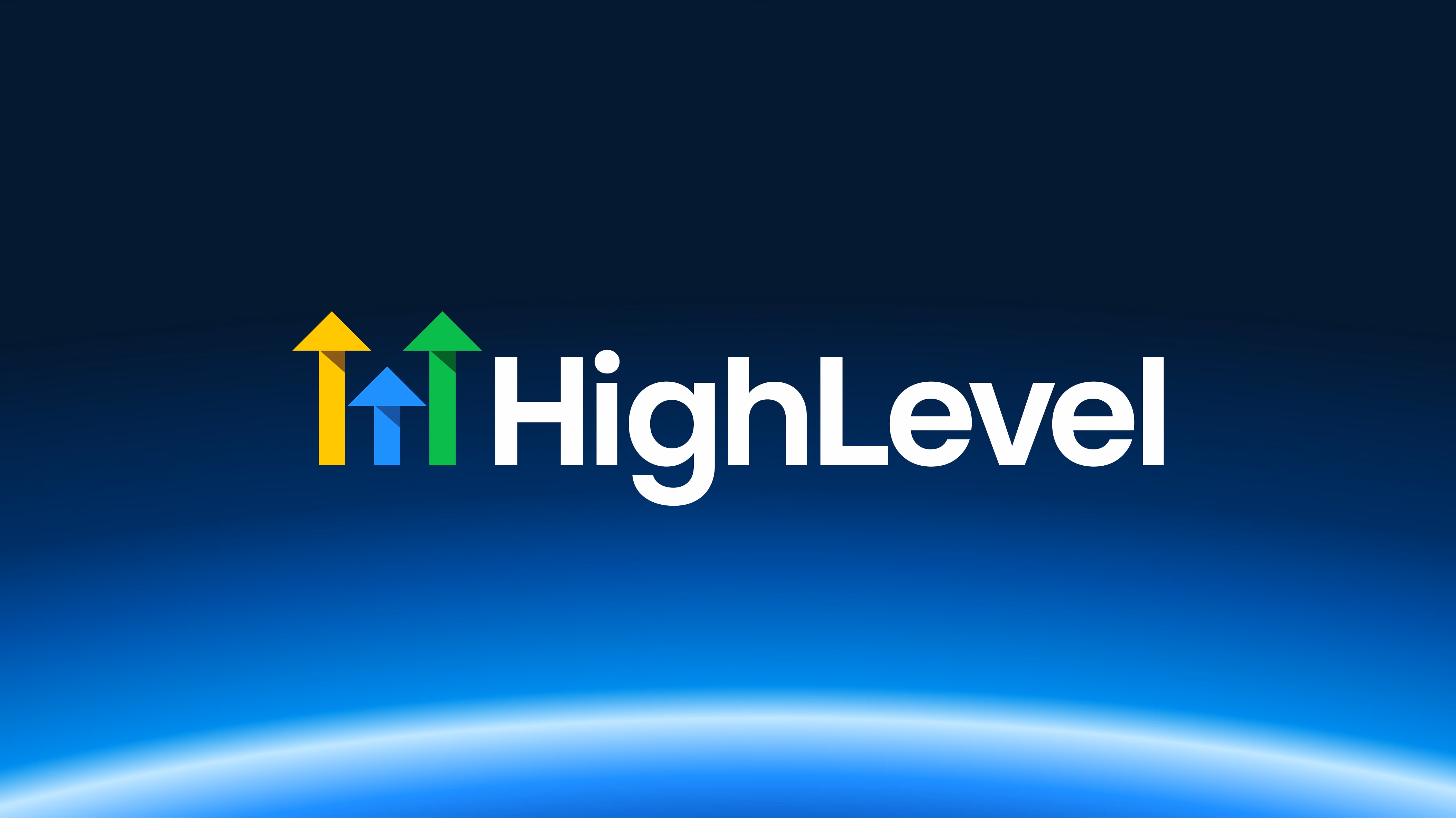 HighLevel logo with yellow, blue, and green upward arrows over a blue gradient background.